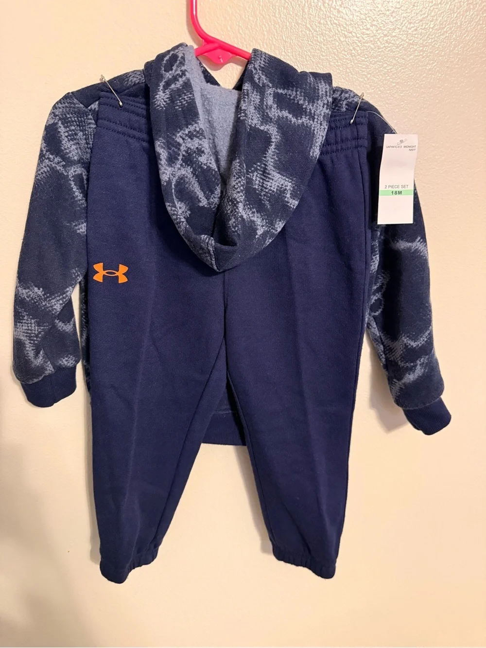 Under Armour Toddler Boys 18M Hoodie Jogger Set Navy Camo Orange Logo 2-Piece